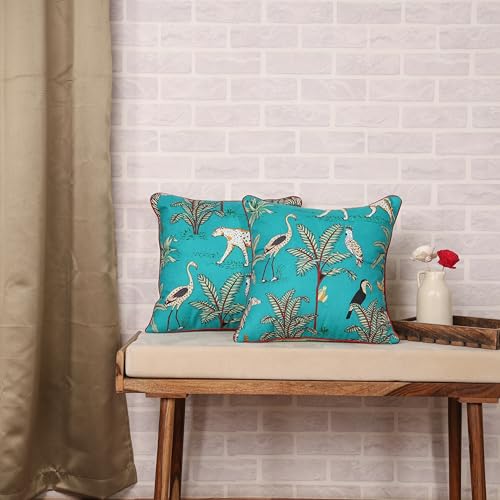 Image of Navy Blue 16x16 inch Cushion Covers Set of 5 Forest Theme Printed Cotton Cushion Covers for Sofa Decorations