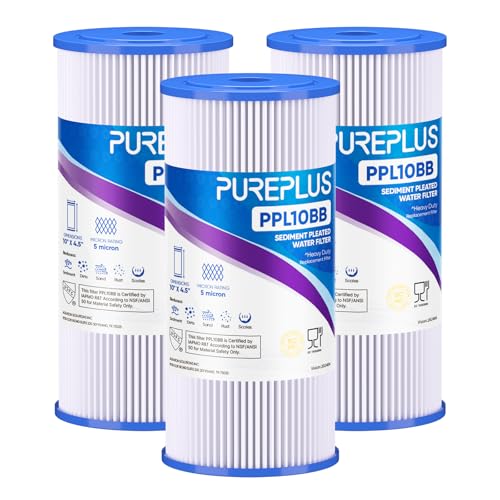 PUREPLUS 5 Micron 10' x 4.5' Whole House Pleated Sediment Filter for Well Water, Replacement Cartridge for GE FXHSC, Culligan R50-BBSA, Pentek R50-BB, DuPont WFHDC3001, W50PEHD, GXWH40L, 3Pack