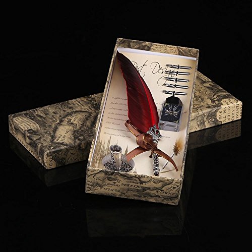 Eboxer 2 Colors Calligraphy Feather Pen Set Vintage Quill Pen With Refined Plated Rod, Feather Pen For Writing Signature, As A Gift For People Holiday/Party/Wedding/Home Decoration (Red) #TOP5