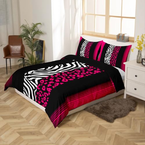 Parure de lit léopard rose et noir Manfei King Size avec taies d'oreiller