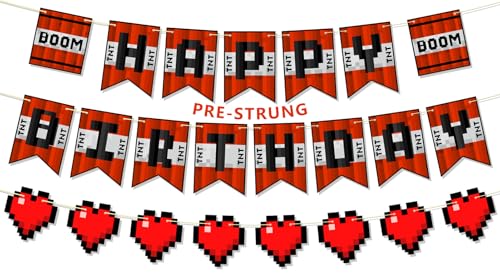 Image of Pre-Strung Pixel Themed Birthday Party Decorations, Video Game Happy Birthday Banner, Boom Style Gamer Party Supplies, NO DIY