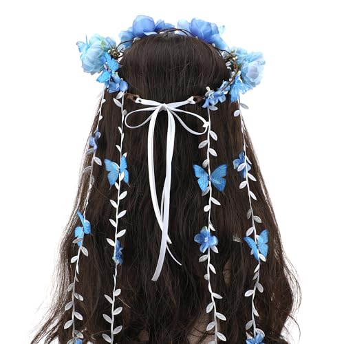 PartyforU Blue Flower Crown Headpiece - Floral Headband with Butterfly Bohemian Vine Crown Hippie Flower Headpiece for Women Wedding Party Bridal Shower Renaissance