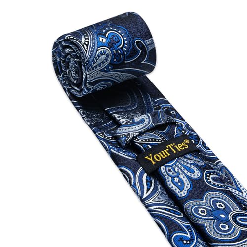 Image of YourTies Silk Paisley Floral Tie and Pocket Square Cufflinks with Lapel Pin Sets for Men 5PC Wedding Party