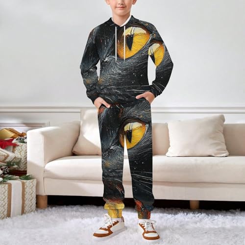 Boy's Girl's Hooded Tracksuit Pullover Sweatshirt Jogging Pants Sweatsuit, Black Cat Dark Night Psychedelic3