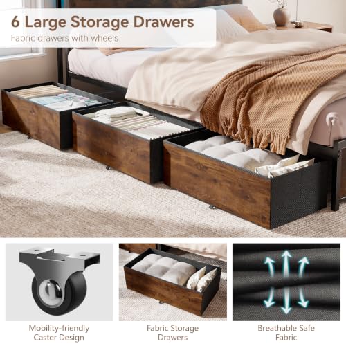 Image of Forestell King Size Bed Frame with 2-Tier Storage Headboard & 6 Drawers | Platform Bed with Heavy Duty Slat Support, Charging Station & LED, USB, Type-C & AC Ports, Noise-Free, No Box Spring, Brown