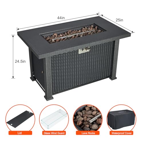 Outdoor Fire Table, 44 inch Rectangle Propane Gas Fire Pit Table, 50,000 BTU Modern Firepit with Wind Guard, Lava Rock, Rain Cover
