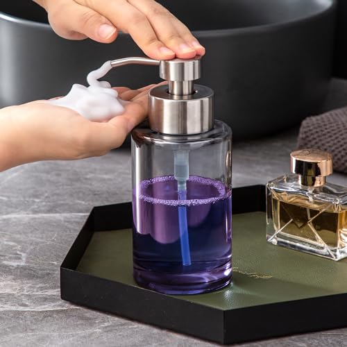 Image of Enra Silver Glass Soap Dispenser, Foaming Hand Bathroom Soap Dispenser | 12oz thick glass body with stainless steel pump. Modern countertop dispenser for bathroom, kitchen sink and home decor.
