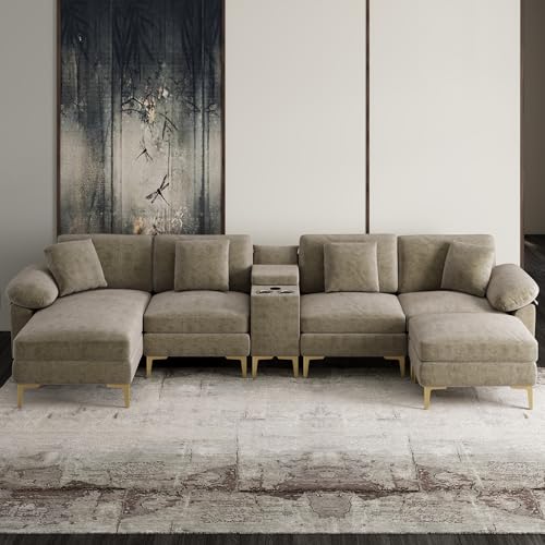 Image of OUYESSIR U-Shaped Sectional Sofa Couch, 4 Seat Sofa Set for Living Room, Convertible U-Shaped Chenille Couch Set with USB Port Central Console Ottoman,128 inches (Light Brown)