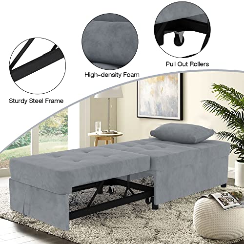Velvet Convertible Sofa Bed, 4 In 1 Multi-Function Folding Ottoman Lounge Chair, Modern Sleeper Bed Couch Guest Bed With Adjustable Backrest And Pillow For Living Room Small Room Apartment (Gray) #TOP4