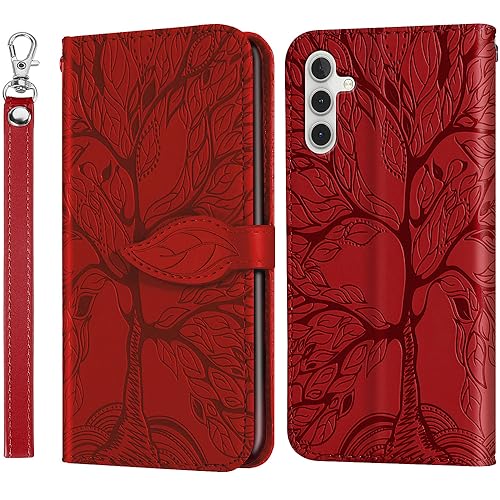 MEUPZZK Samsung Galaxy A24 4G Case, Samsung A25 5G Wallet Case, Embossed Tree Premium PU Leather [Kickstand] [Card Slots] [Wrist Strap] [Folio Flip] [6.5 inch] Phone Cover for Samsung A24 4G (R-Red)
