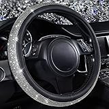 CAR PASS Diamond Black Leather Steering Wheel Cover, with Bling Crystal Rhinestones Universal Fit 14' 1/2-15' Crystal Glitter for Women Sparkle Girl Fit Suvs,Vans,Sedans,Cars,Trucks, White Diamond