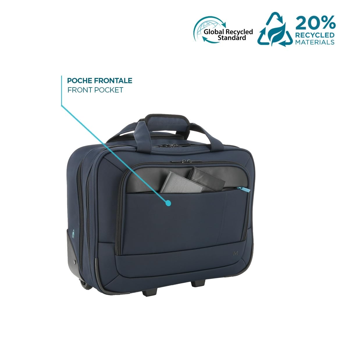 MOBILIS Sacoche à roulettes PC 14-17", Mallette à roulettes, Sac Affaires/Voyage Court Séjour, Matière Déperlante 20% Recyclé, Bleu Marine