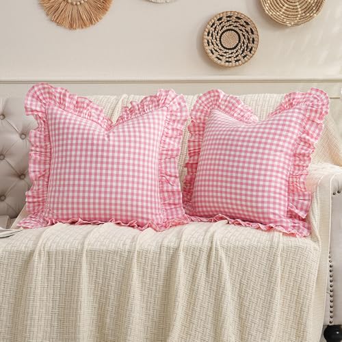 2 Pack Pink/White Plaid Ruffled Checkered Throw Pillow Cover 20 x20 inches, Washed Cotton Vintage Farmhouse Pillow Sham Decorative Gingham Pillowcases for Bed/Living Room