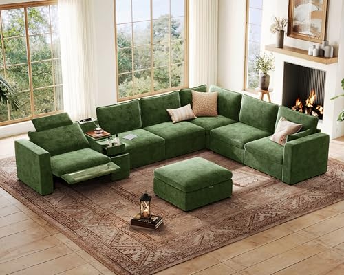 Image of 169.7 inch Oversized Modular Power Recliner Sofa with Headrest, Wall Hugger Cloud Reclining Couch, Drawer Charging Cup Holders, Deep 7-Seater Sectional with Corner and Storage Ottoman, Chenille, Green