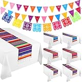 15 Pcs 14 x 85 Inch Mexican Serape Table Runner Mexican Disposable Tablecloth 54 x 108 Inch Papel Picado Pennant Banner Mexican Theme Party Table Decorations for Fiesta Cinco De Mayo (Simple Colors)