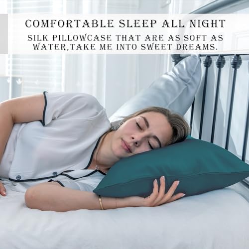 Silk Pillow Cases 2 Pack Soft Breathable and Sliky King Size Pillow Cases Set of 2,Natural Mulberry Satin Silk Pillowcase with Hidden Zipper for Hair and Skin (Teal,20"X 36",2pcs)