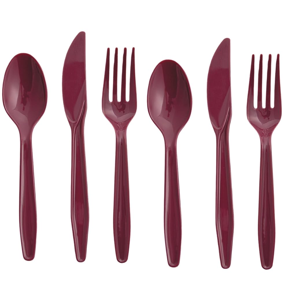 Bulk Plastic Cutlery Sets for 70, 210 Pieces, Spoons, Knives, Forks, Party and Wedding Supplies (Burgundy)