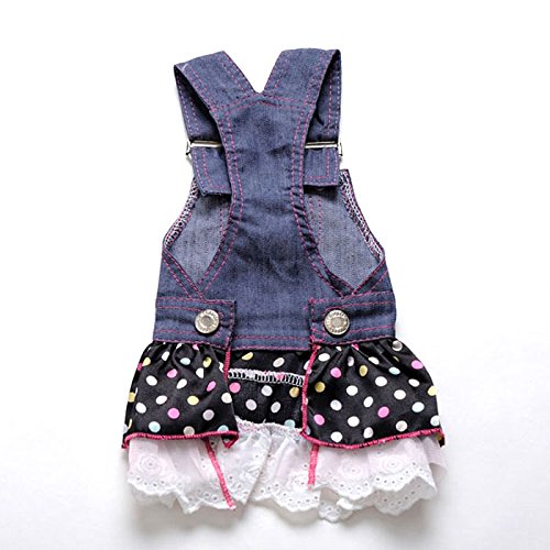SMALLLEE_LUCKY_STORE Small Dog Dress Female Denim Overalls Vest Dots Print Lace Skirt Tiered Heart Shaped Pet Clothes S - Image 3