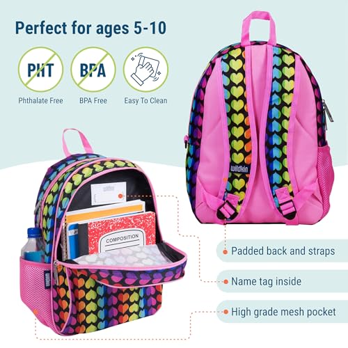 Image of Wildkin 15 Inch Backpack for Boys /Girls, Rainbow Hearts | Ages 5-10, padded straps, side water bottle pocket - coordinates with matching Wildkin lunch boxes and water bottles