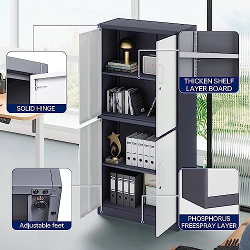 Yizosh Metal Storage Locking Cabinet With 4 Doors And 2 Adjustable Shelves,71" Lockable Garage Tall Steel Cabinet,For Home Office,Living Room,Pantry,Gym,Commercial Storage (Gray White) #TOP4