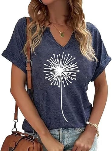 PUCKOLITY Women's Dandelion V-Neck T-Shirts Short Sleeve Casual Tee Tops Cute Wildflower Graphic Summer Flower Shirts(M,4 Navy Blue)