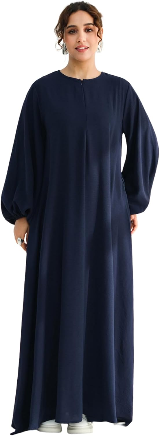 Muslim Women’s Abaya Dress Front Zipper Prayer Robe Soft Lightweight Flowy Maxi Dress with Pockets and Belt