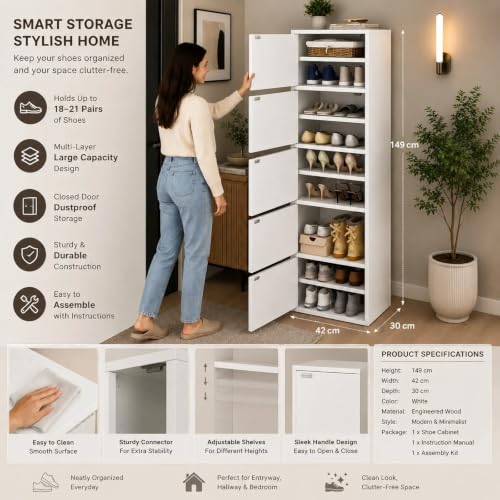 Image of Mevigo-Wooden Shoe Rack with 5-Door - Tall Shoe Cabinet with Doors, 9-Tier Freestanding Shoe Storage Organizer for Entryway, Engineered Wood Shoe Stand Cabinet, Space-Saving Narrow Shoe Rack Wooden