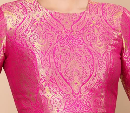 Image of Studio Shringaar Women Brocade Silky Jewel Neck Readymade Elbow Length Sleeve Saree Blouse
