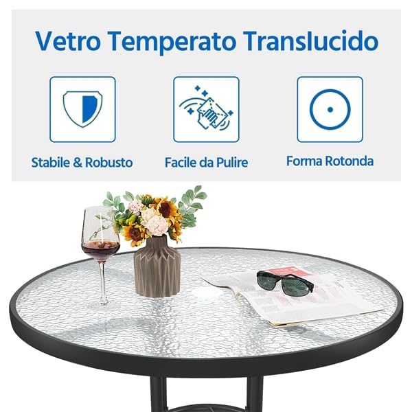 Yaheetech Tavolo da Giardino Rotondo in Vetro Diametro 70 cm con Foro Ombrellone Altezza 73 cm Nero