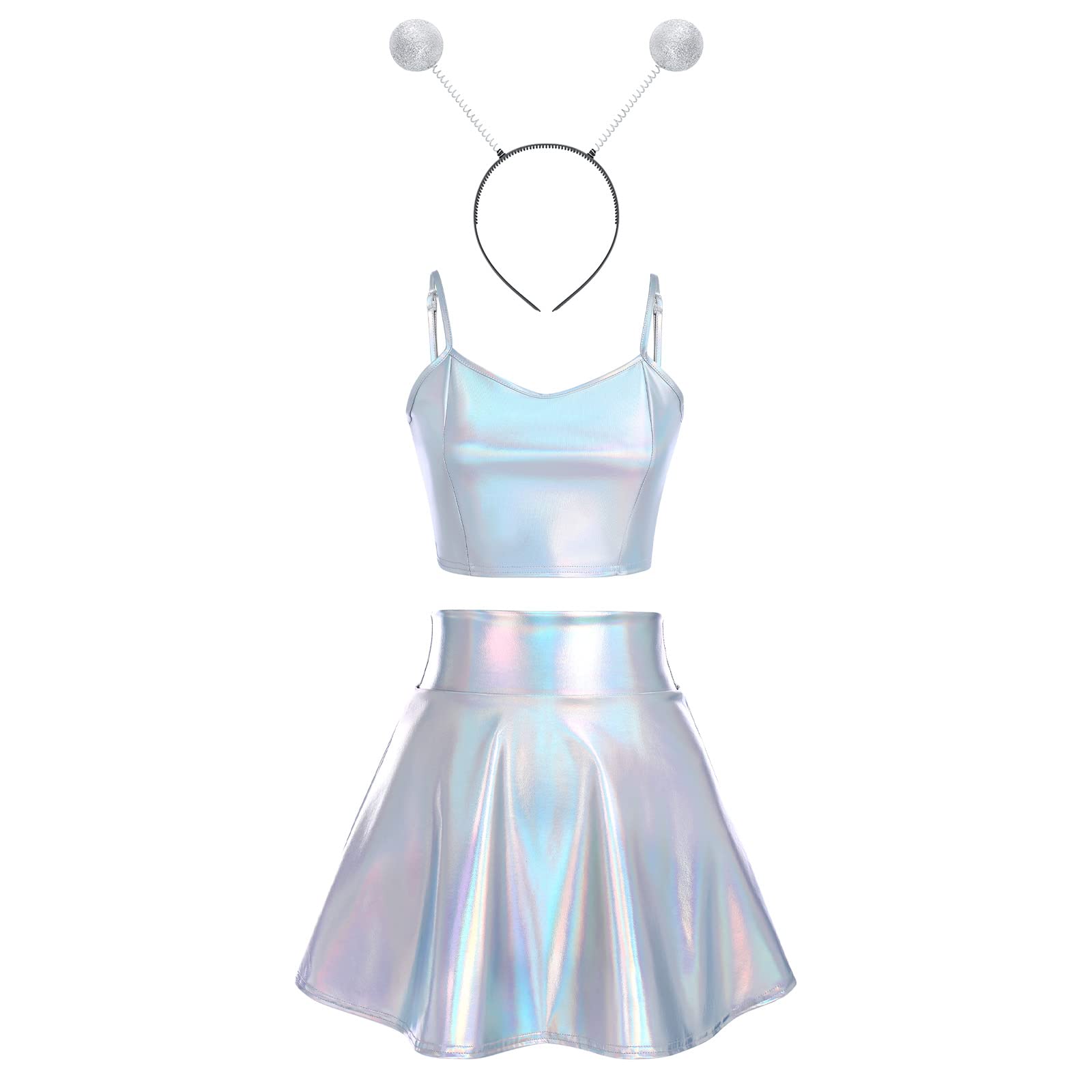 IBAKOM Conjunto de 3 piezas de trajes de alienígena para mujer, manga brillante, minifalda acampanada, diadema, festival musical, escenario, cóctel, 70 y 80, vestido de fiesta