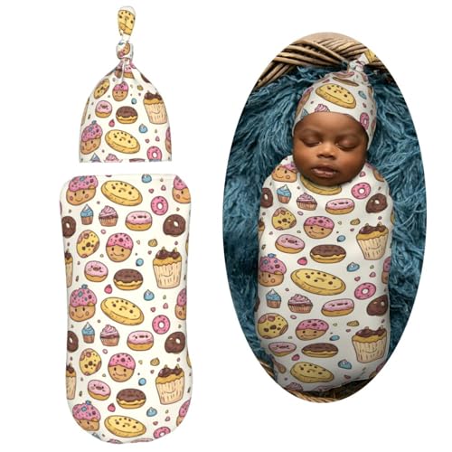 Image of Kawaii Cookies Doughnut Newborn Swaddle Blankets Hat Sets Soft Baby Receiving Blanket Swaddle Sack For Baby Shower Infant Boy Girl Gift