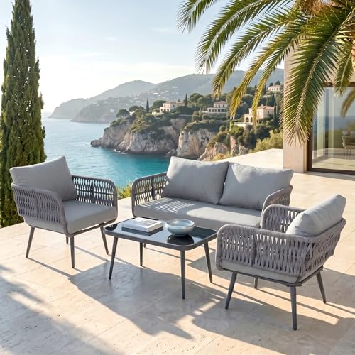 Image of BRISHI Outdoor Sofa Set || Balcony Sofa || Patio Furniture Sets | Conversation Sets | Braid & Rope Garden Seater Sofa Set and Center Table (4 Seater Grey)