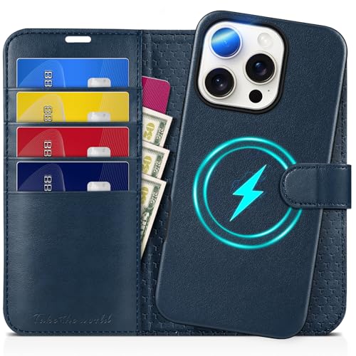 Housse simili cuir bleu pour iPhone 16 Pro étui portefeuille de luxe