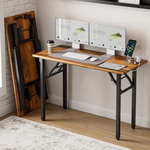Image of Frylr Small Folding Computer Desk - 43.3 Inch Portable Table for Craft and Study, Lightweight Desk for Small Spaces, Foldable Laptop Table Built-in AC /USB Outlets for Convenience, Rustic Brown