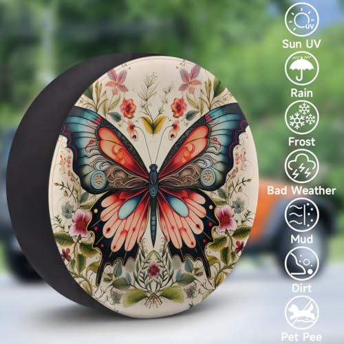 Image of Spare Tire Cover for RV Trailer, Retro Butterfly Flower Tire Covers Universal Fit for Travel Trailer Camper Jeep RV SUV Truck Waterproof Wheel Cover (16 inch for Diameter 29 inch - 31 inch)