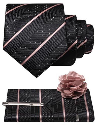 JEMYGINS Mens Rose Gold Striped Tie and Lapel Pin Necktie Pocket Square with Tie Clip Sets for Business Casual 4PCS(8)