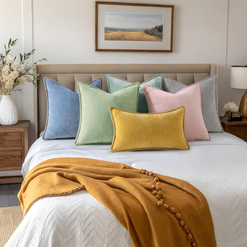 Image of decorUhome Fall Chenille Soft Cozy Throw Pillow Covers 12x12 Set of 2, Modern Farmhouse Boho Velvet Decorative Pillow Cases with Stitched Edge for Couch Sofa Bed Home Decor, Aqua Haze