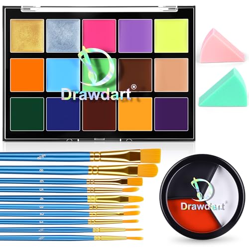 Drawdart 18 Color Professional Face Body Paint Kit| 15+3 Colors Face Painting Palette with 10 Artist Brushes & 2 Sponges, Facepaint Makeup Kit Ideal for Halloween SFX Cosplay Costume Makeup