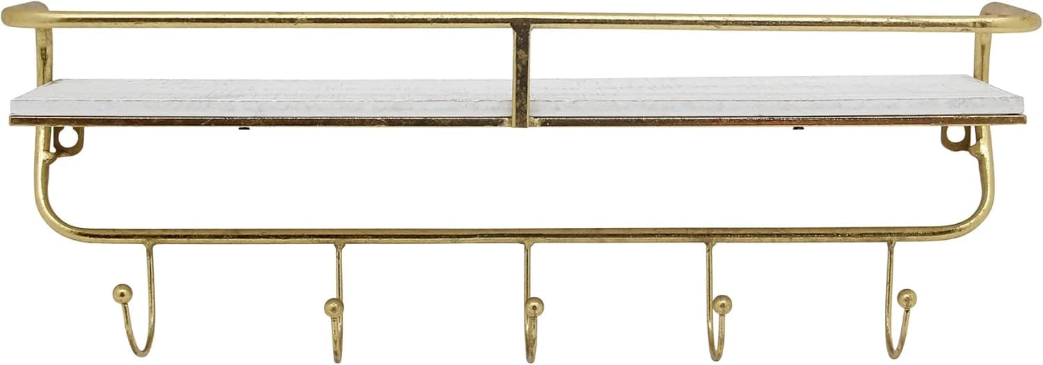 Casual Decorative Wall Shelf with 5 Hooks – Industrial Iron & Wood Home Decor Floating Display Shelf – Modern Wall Shelves for Bathroom, Bedroom &
