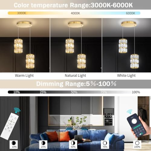 cenozo 2-Lights Modern Crystal Pendant Lights for Kitchen Island LED Dimmable Glam Pendant Lighting Chandelier for Dining Room Hallway Corner Lamp Gold by cenozo - Used condition - Image 2