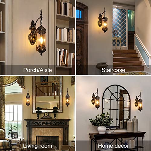 Image of Vintage Wall Sconce with Amber Glass, Rustic Black Brushed Gold Farmhouse Wall Light Fixture, Antique Gothic Decorative Metal Wall Lamp for Hallway, Bedroom, Living Room, Entryway