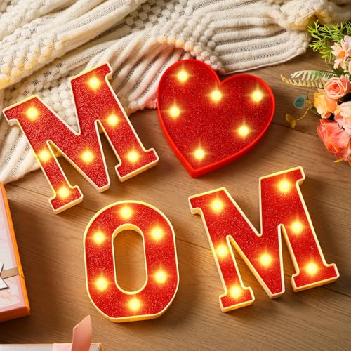 Image of Aurelema 4 Pcs Mother's Day LED Lights Light up Letters Mom Light Sign Battery Powered Heart up Letters for Mom Party Decor Night Home Family Supplies(Red)