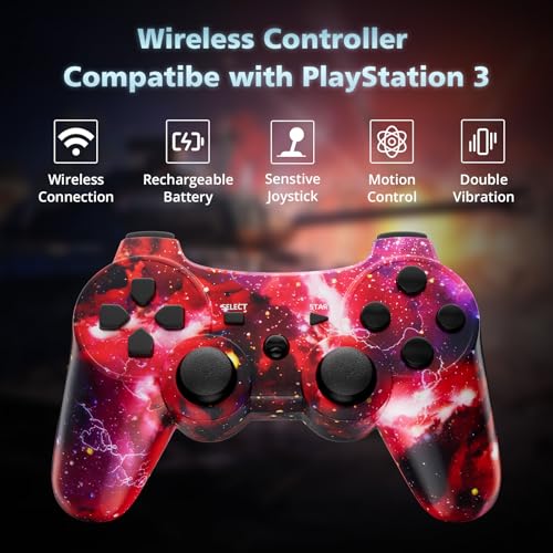 Image of ISHAKO Controller for PS3, Wireless Controller for PlayStation 3 /PC Windows, Upgraded Joystick with Dual Vibration and 6-Axis Motion Control, Ergonomic Design - Red Galaxy
