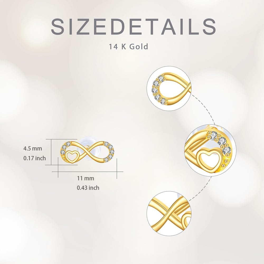 14K Solid Gold Infinity/Moon North Star/Flower/Cat/Heart Stud Earrings for Women, Real Gold Sutds Earrings with CZ Christmas Birthday Jewelry Gifts for Her