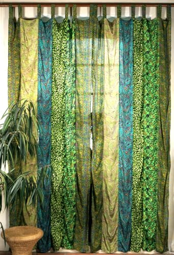 GURU SHOP Boho Patchwork Vorhänge, 1 Paar Bohemia Gardine aus Sareestoff, Unikat 300 cm - Grün