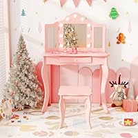 Kids Vanity Set with Lighted Mirror, 2 in 1 Wooden Princess Makeup Table & Chair Set with Tri-Fold Mirror, Drawer, Pretend Play Kids Vanity Table and Chair Set