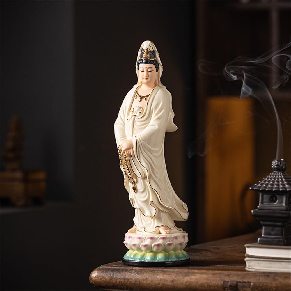 Statue de Bouddha Chinois Statue de Bouddha en céramique Jaune à Bords dorés, décoration de Bureau, Salon, Zen, Feng Shui, avec Base et Anneau Lumineux Bouddha Feng Shui
