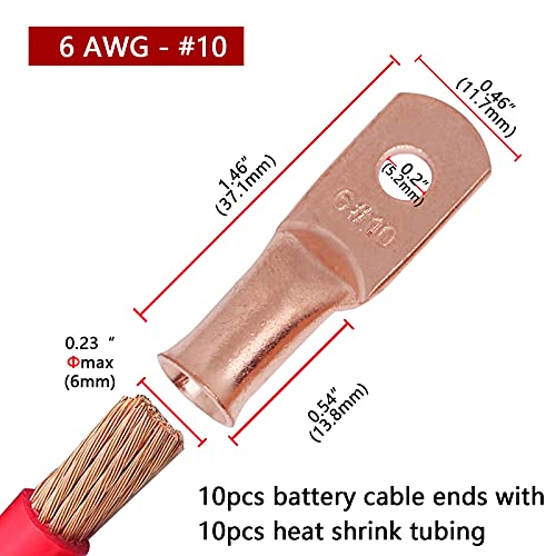 Image of TKDMR 10pcs 6 AWG- #10 Battery Lugs,Heavy Duty Wire Lugs,Ring Terminals,Battery Cable Ends,0 Guage terminals,Battery Terminal Connectors with 10pcs 3:1 Heat Shrink Tubing