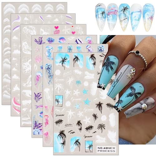 Puyokinm PUYOKINM-12 Summer Nail Art Stickers Ocean Nail Art Decals 3D Self-Adhesive Diy Nail Sticker Palm Tree Sea Beach Cloud Jellyfish Starfish Nail Supplies cover
