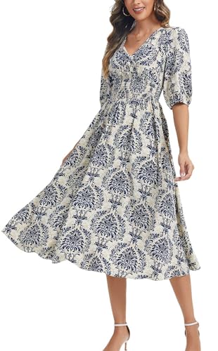 Image of Kormei Women Casual Boho V Neck 3 /4 Sleeve Smocked Waist A Line Flowy Swing Midi Dress Smocked Long Dress